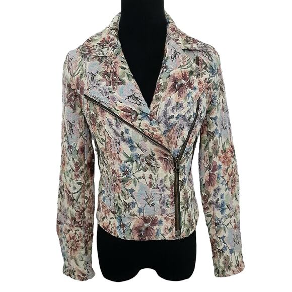 Free People Floral Tapestry Moto Jacket Zip Front Lined Cottage Grandma Bohemian - Picture 3 of 15